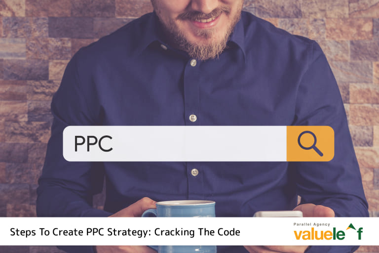 Steps To Create PPC Strategy, a person smiling in background and in front there is search field